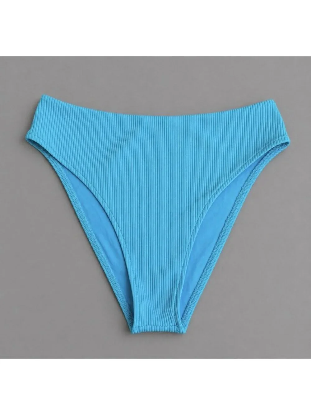 FRANKIES BIKINIS Womens M Solid Bright Blue Ribbed Hi-Cut Bikini Swimsuit Bottom